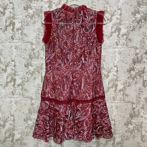 ML Monique Lhuillier Floral Lace Mini Dress with Sheer Ruffle Maroon/Oyster Pink - Picture 2 of 5